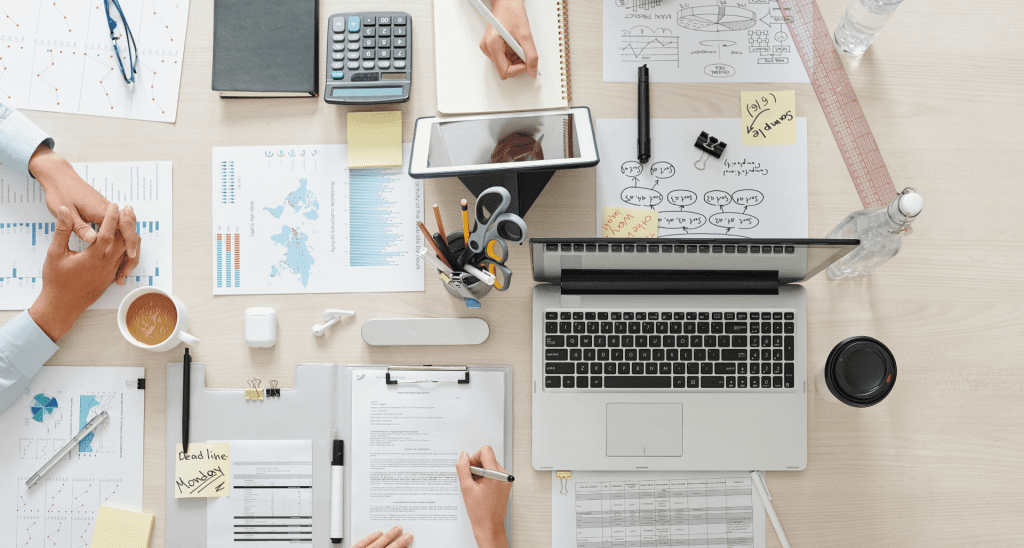 Marketing campaign planning desk setup for recruitment strategy execution